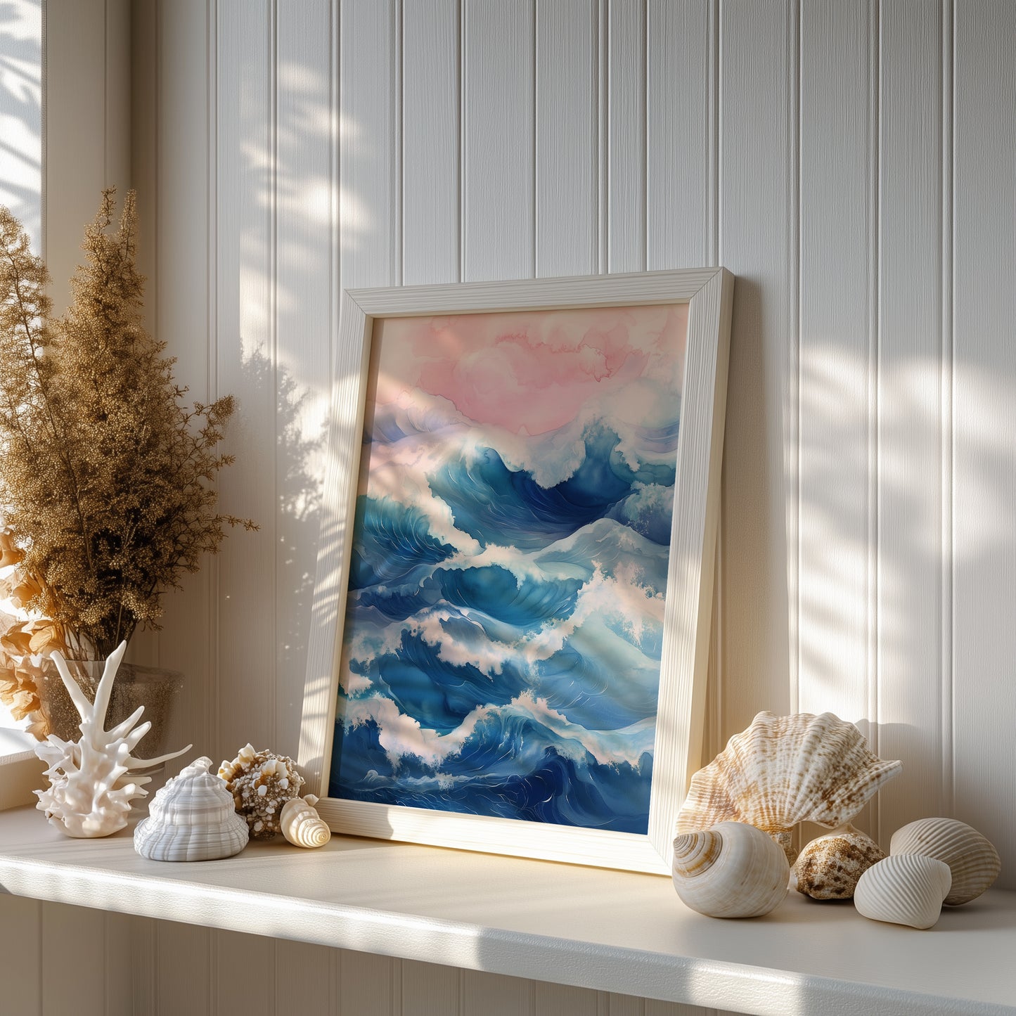 Dreamy Pink & Blue Abstract Ocean Waves Print