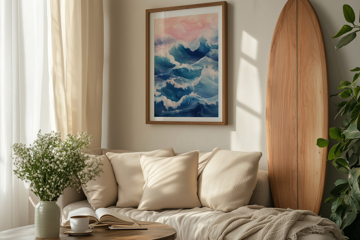 Dreamy Pink & Blue Abstract Ocean Waves Print