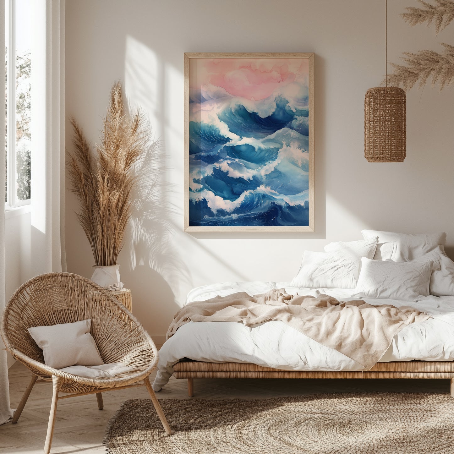 Dreamy Pink & Blue Abstract Ocean Waves Print