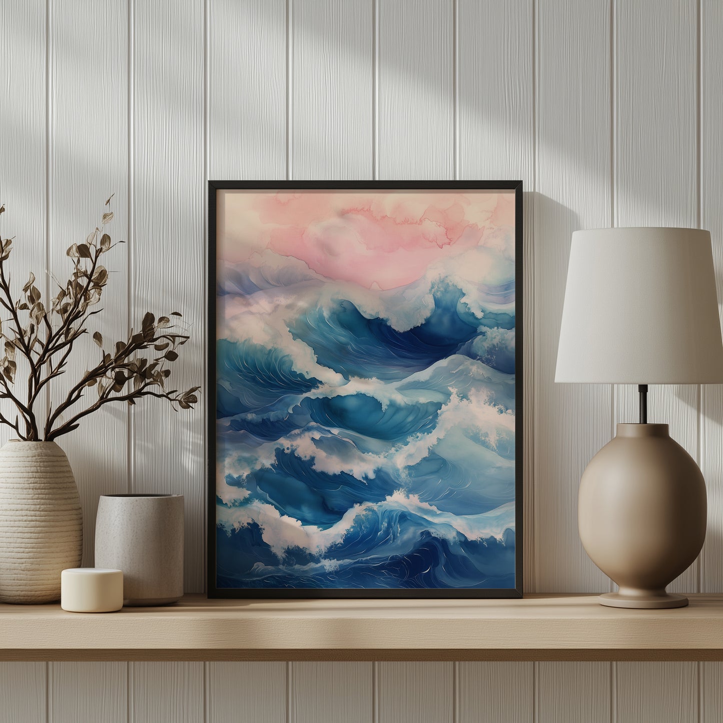 Dreamy Pink & Blue Abstract Ocean Waves Print