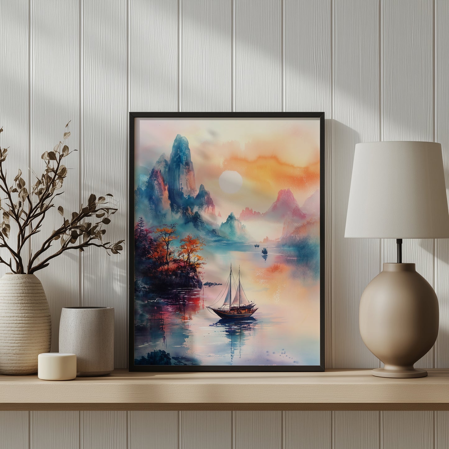 Tranquil Mountain Lake Watercolour Print