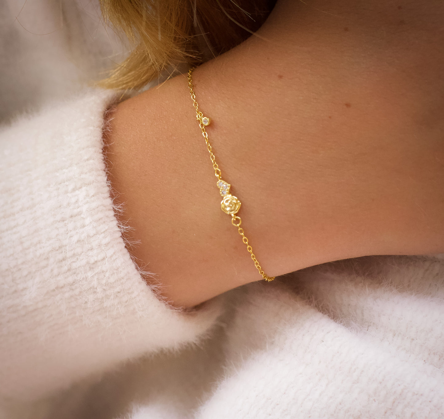 Dainty Gold Rose & Heart Bracelet