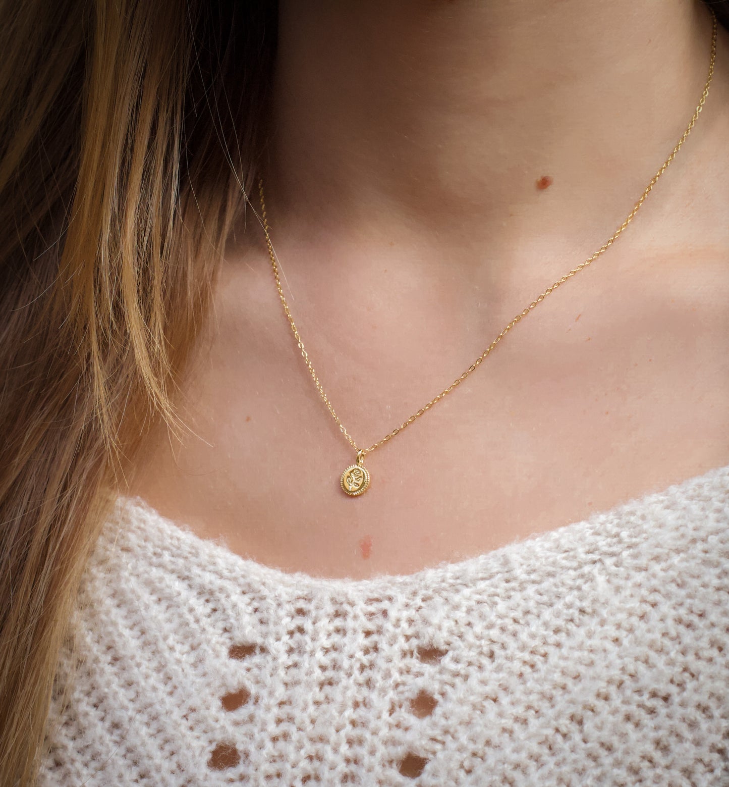 Tiny Flower Disk Pendant Necklace